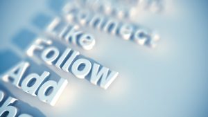 social media keywords like, follow, add, connect rendered in 3D type